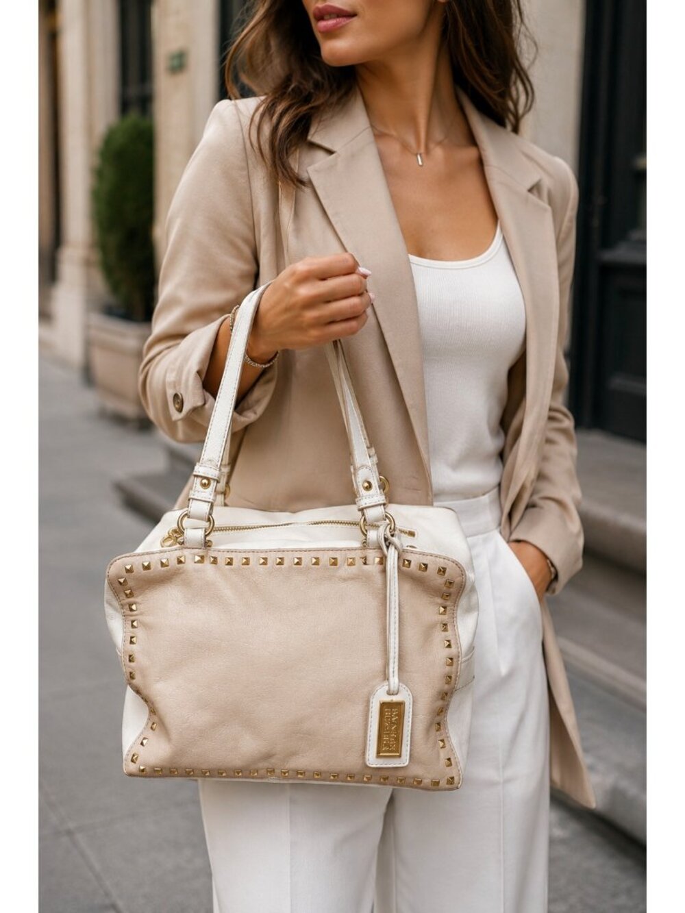 Badgley Mischka Studded Leather Shoulder Bag Cream Ivory Gold Convertible Purse